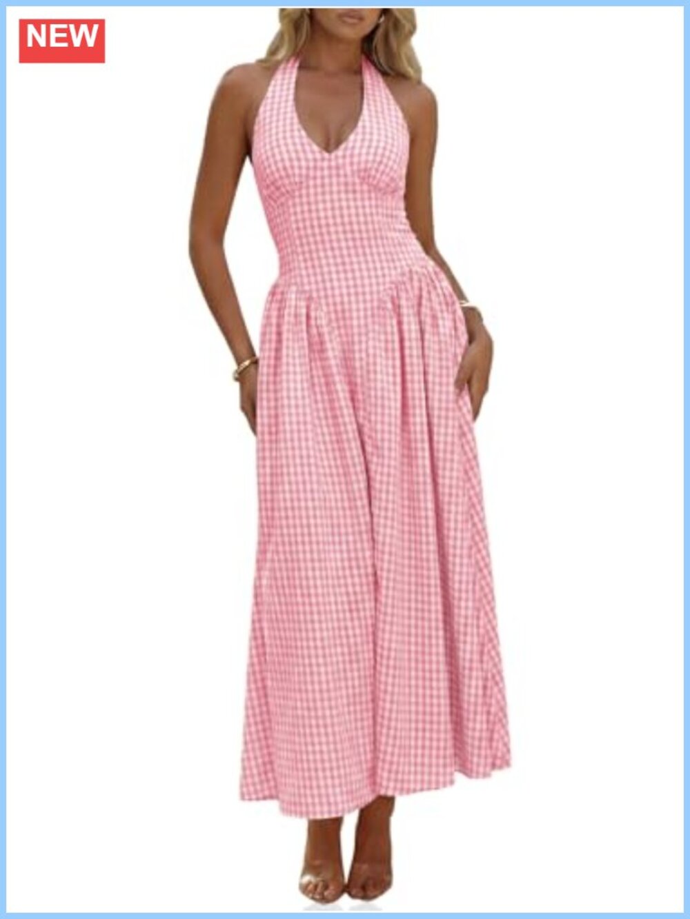 Womens Halter V Neck Corset Maxi Dress Summer Plaid Smocked Sleeveless